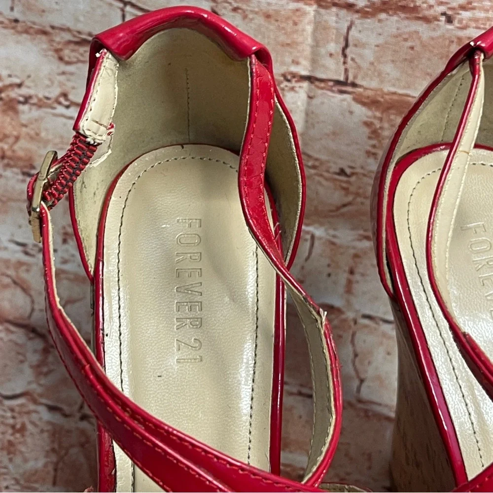 Forever 21 Red Peep Toe Ulta High Patent Leather Wedges with Cork Platform
